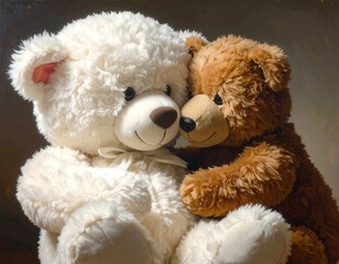 Two teddy bears cuddling