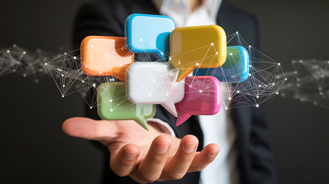 Businessman using a modern digital interface with colorful speech bubbles for communication and social networking