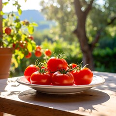 Fresh tomatoes on a plate outdoors (3)