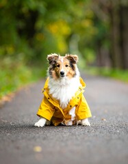 Dog in yellow raincoat in autumn park