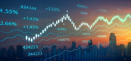 Big data chart on city backdrop.Trade technology, and investment analysis.Business development, financial plan and strategy.Analysis finance graph and market chart investment..
