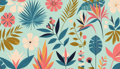 seamless pattern with floral garden in flat vector background