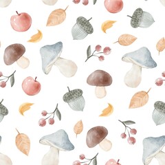 Autumn pattern with mushrooms. Watercolor pattern. Textile design