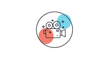 Obraz premium Vintage movie camera with colorful circles and sparkles icon for creative projects