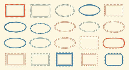 Collection of decorative rectangle oval and square stamp borders with perforated edges and ornate filigree designs on a textured parchment background