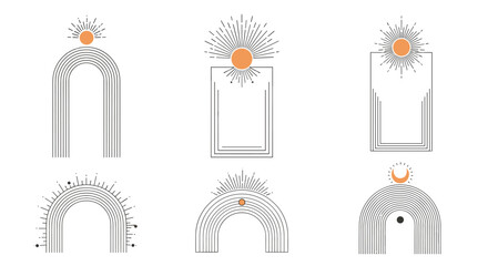 Bohemian abstract arches and celestial sun and moon designs for elegant decorative borders