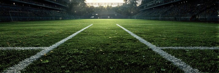 Obraz premium Empty soccer field ready for action at sunset with vibrant green grass and white markings