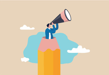 Creative searching for idea or inspiration, research or imagination for designer and writer, discover creativity, content or solution concept, creative man open pencil use as telescope to see vision.