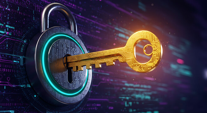 Cybersecurity key glowing lock data background
