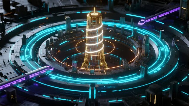 Futuristic Central Tower with Illuminated Circular Platforms