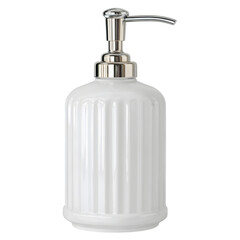 Elegant white ceramic ribbed soap dispenser with a shiny chrome pump isolated on transparent background