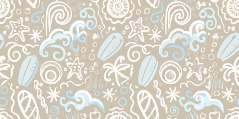 Seamless hand drawn beach and ocean pattern with surfboards seashells stars and waves © Ruhidas