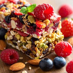 Stacked granola bars topped with berries and nuts