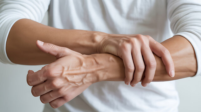 Close up of a man holding his wrist in pain, possibly from carpal tunnel syndrome or arthritis pain medical technology