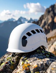 White climbing helmet atop a rocky mountain summit