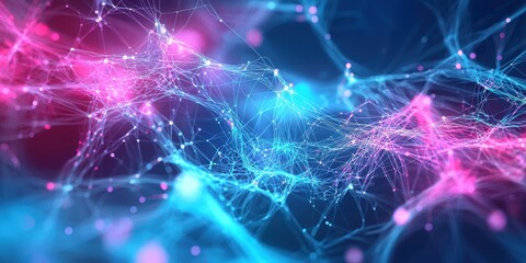 An abstract representation of interconnected nodes and lines, glowing in vibrant pink and blue hues, suggesting complexity and dynamic movement.