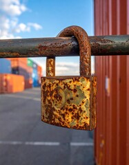 Rusty padlock hanging on a metal beam