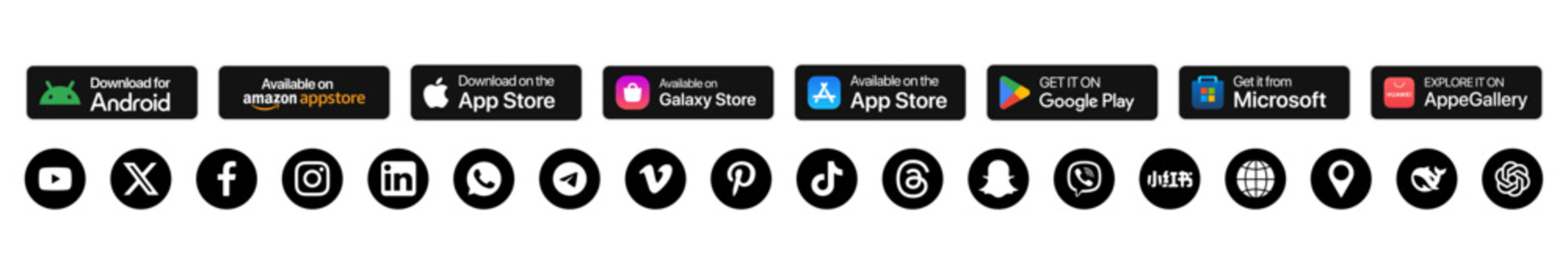 Download buttons and social media icons set with App Store Google Play Amazon Microsoft Huawei Galaxy Store Android isolated on transparent background