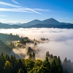 Misty mountain valley at sunrise