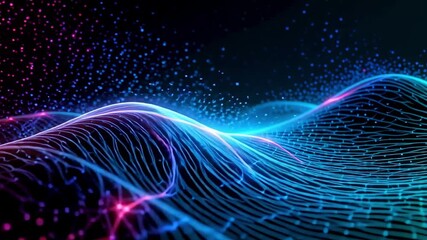 Dynamic digital wave flows with vibrant neon particles in abstract futuristic network - Powered by Adobe