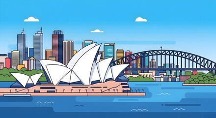 Naklejka premium Vector illustration of Sydney skyline with Opera House and Harbour Bridge on sunny day, flat colorful travel concept