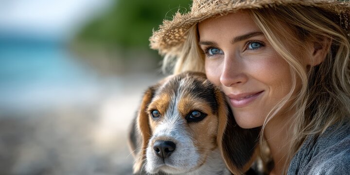 Woman with a beagle puppy enjoying a sunny day at the beach, smiling and embracing her furry friend