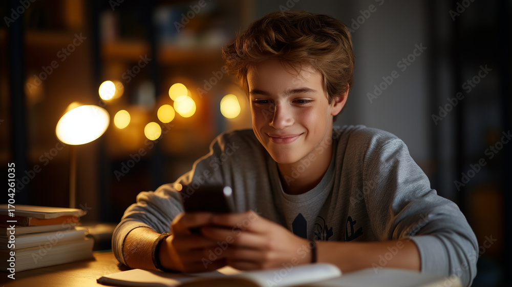 Poster a teenage boy sits at a desk holding a smartphone with both hands smiling at the screen an open text