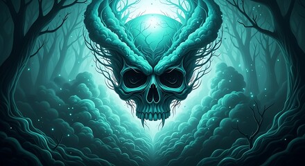 Mysterious Forest Skull, Glowing, Dark, Fantasy Art.