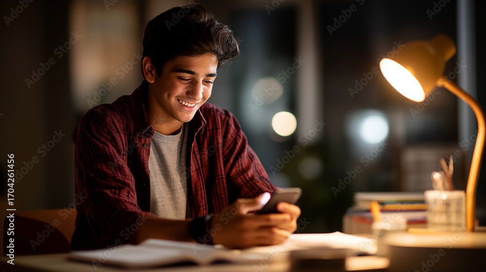 Poster a teenage boy sits at a desk holding a smartphone with both hands smiling at the screen an open text