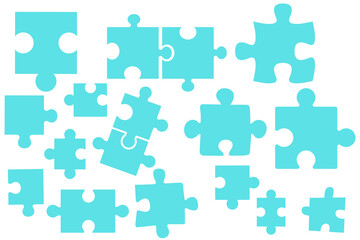 Turquoise puzzle pieces scattered on transparent background, conceptual and playful design