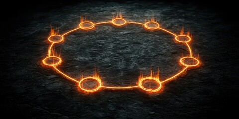 A glowing circular pattern of fiery symbols on a dark surface, creating a mystical and enchanting atmosphere.