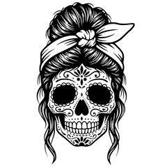 Sugar Skull Woman with Messy Bun and Headband, Sugar Skull SVG, Day of the Dead SVG, Halloween SVG, Latina SVG