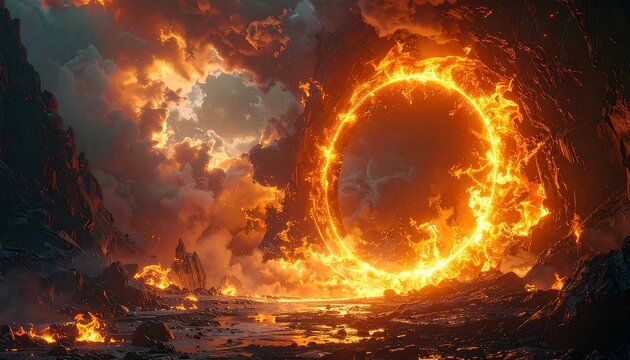 Fiery ring in a volcanic landscape
