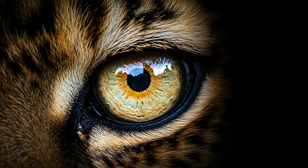 Intense Close-up: Wild Cat's Eye, Golden Hues, Dark Background, Mysterious Mood, Wildlife Photography.