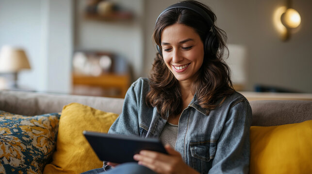 A young woman sits on a sofa wearing headphones smiling at a digital tablet screen her legs crossed comfortably living room with cushions and a lamp gadget addiction tablet