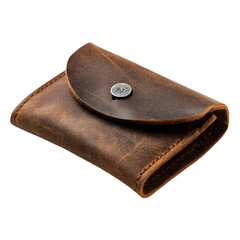 Rustic distressed brown leather coin purse with metal snap closure isolated on transparent background