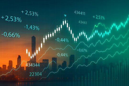 Big data chart on city backdrop.Trade technology, and investment analysis.Business development, financial plan and strategy.Analysis finance graph and market chart investment.. - Powered by Adobe