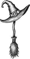 Hand drawn vintage traditional gothic witch hat and broom Halloween vector black and white icon isolated illustration image decal design
