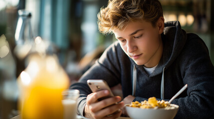 A teenage boy sits at a table using a smartphone while eating breakfast cereal his spoon idle focus on the device milk dripping from the spoon gadget addiction distracted