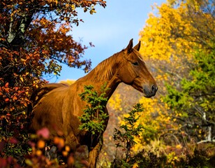 Autumnal horse in a colorful forest