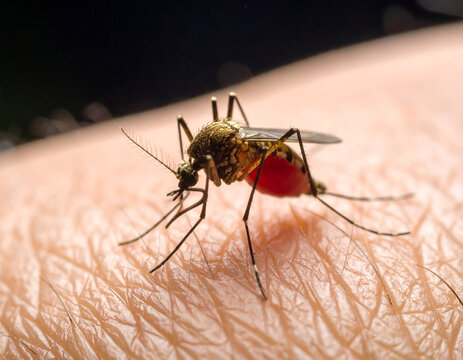 Mosquito Feeding on Human Skin, Close-Up View of Insect Biting