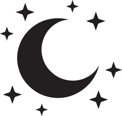Minimalist black and white moon and stars silhouette, night sky, celestial, space, astronomy, vector art, cosmic, nighttime image.