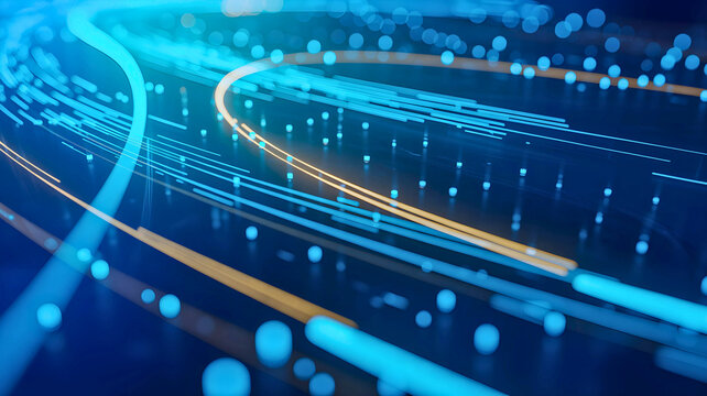Abstract futuristic background with glowing blue and orange light trails representing high-speed data transfer and network connectivity