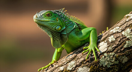 Fototapeta premium Close-up portrait of vibrant green iguana resting on textured bark with shallow depth of field