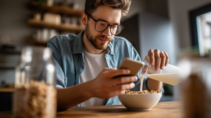 A young man sits at a table using a smartphone while pouring milk into cereal his attention divided milk overflowing slightly gadget addiction breakfast routine distracted eat