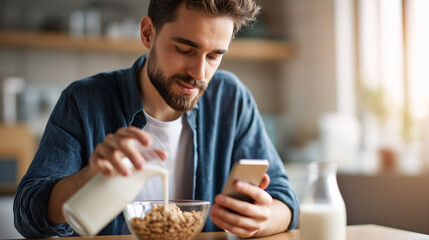 A young man sits at a table using a smartphone while pouring milk into cereal his attention divided milk overflowing slightly gadget addiction breakfast routine distracted eat
