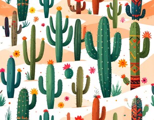 Cactus desert pattern, vibrant and colorful
