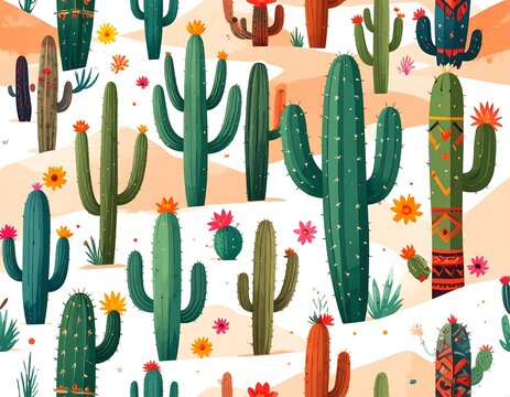 Cactus desert pattern, vibrant and colorful