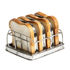 Classic chrome four slice toaster with golden brown toast in a wire rack isolated on transparent background
