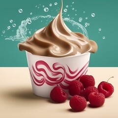 Delicious soft serve ice cream in a paper cup with raspberries refreshing dessert concept isolated on a bright background